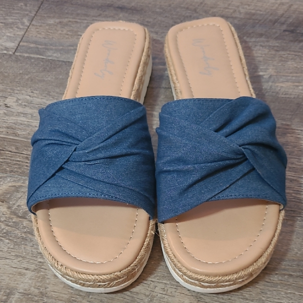 Denim Willow Blue Size 9.5 Platform Slide Sandals Twist Bow Summer Spring